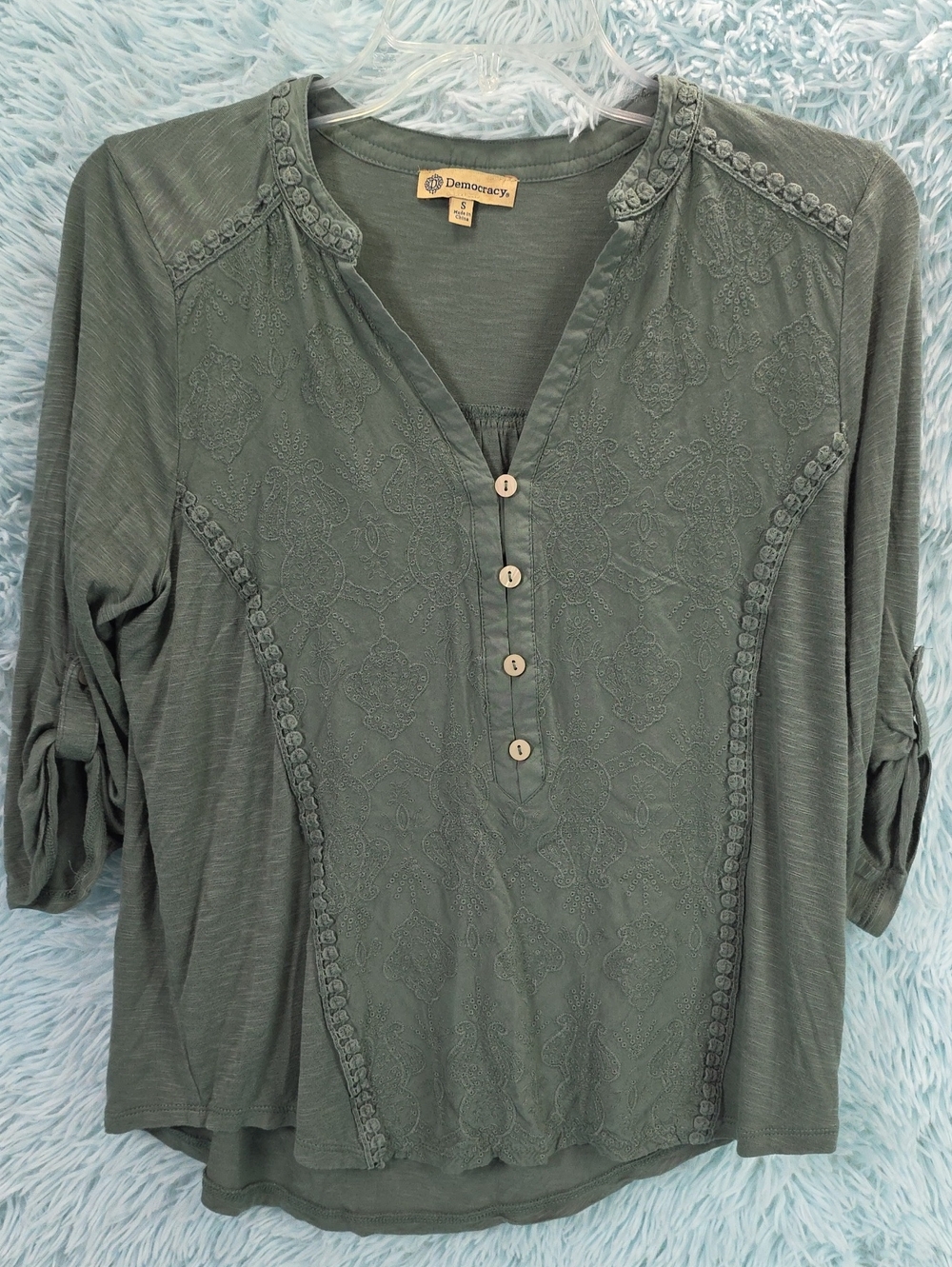 Democracy Green Boho Embroidered Half Button Henley Top